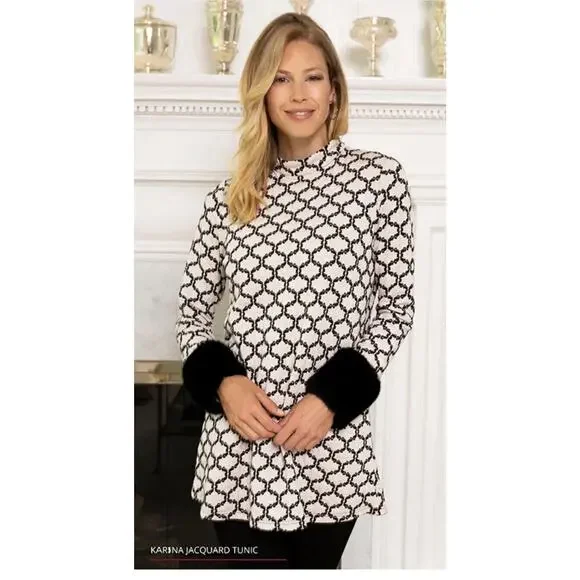 Tyler Boe Black Cream Fur Sleeves Dress Tunic Dress Stunning Mod 60s MIDI Size L - Picture 1 of 16